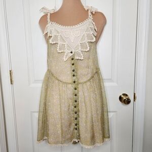 Hazel Top Or Mini Dress Gauzy Boho Lace Green Cream Floral Size Medium